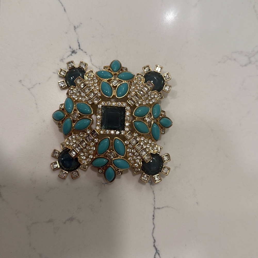 Banana Republic Teal and Black Crystal Floral Statement Brooch